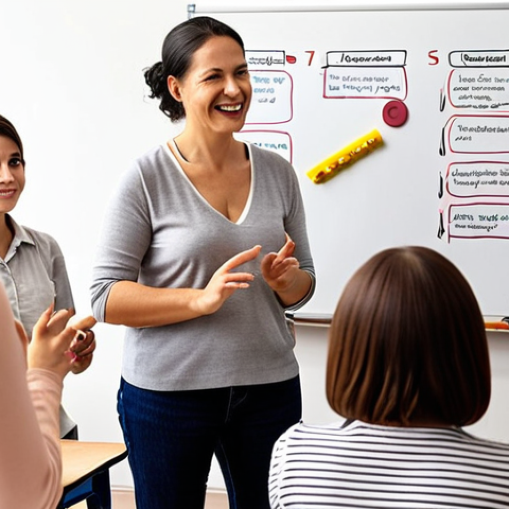 **

A brightly lit classroom with adults of varying ages engaged in a hands-on activity. The instructor, a friendly woman in her 30s, is demonstrating a technique with enthusiasm. Whiteboard in the background shows a diagram of teaching methodologies. The overall feel is practical, focused, and engaging. Emphasize the immediate applicability of the skills being taught.

**