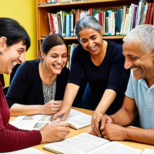 **

A culturally diverse group of adults in an interactive literacy workshop in Italy, perhaps in a library or community center. The atmosphere is warm and engaging, with participants smiling and working together on a project involving Italian language learning. A cultural mediator is subtly present, perhaps assisting one of the participants. The image should convey a sense of empowerment and community.

**