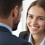 **

A confident young professional maintaining strong eye contact and smiling genuinely during a job interview. The background shows a modern office setting, slightly blurred, with soft, natural lighting. Focus on conveying a sense of approachability and competence through body language and facial expression.

**