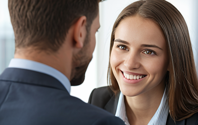 **
A confident young professional maintaining strong eye contact and smiling genuinely during a job interview. The background shows a modern office setting, slightly blurred, with soft, natural lighting. Focus on conveying a sense of approachability and competence through body language and facial expression.
**