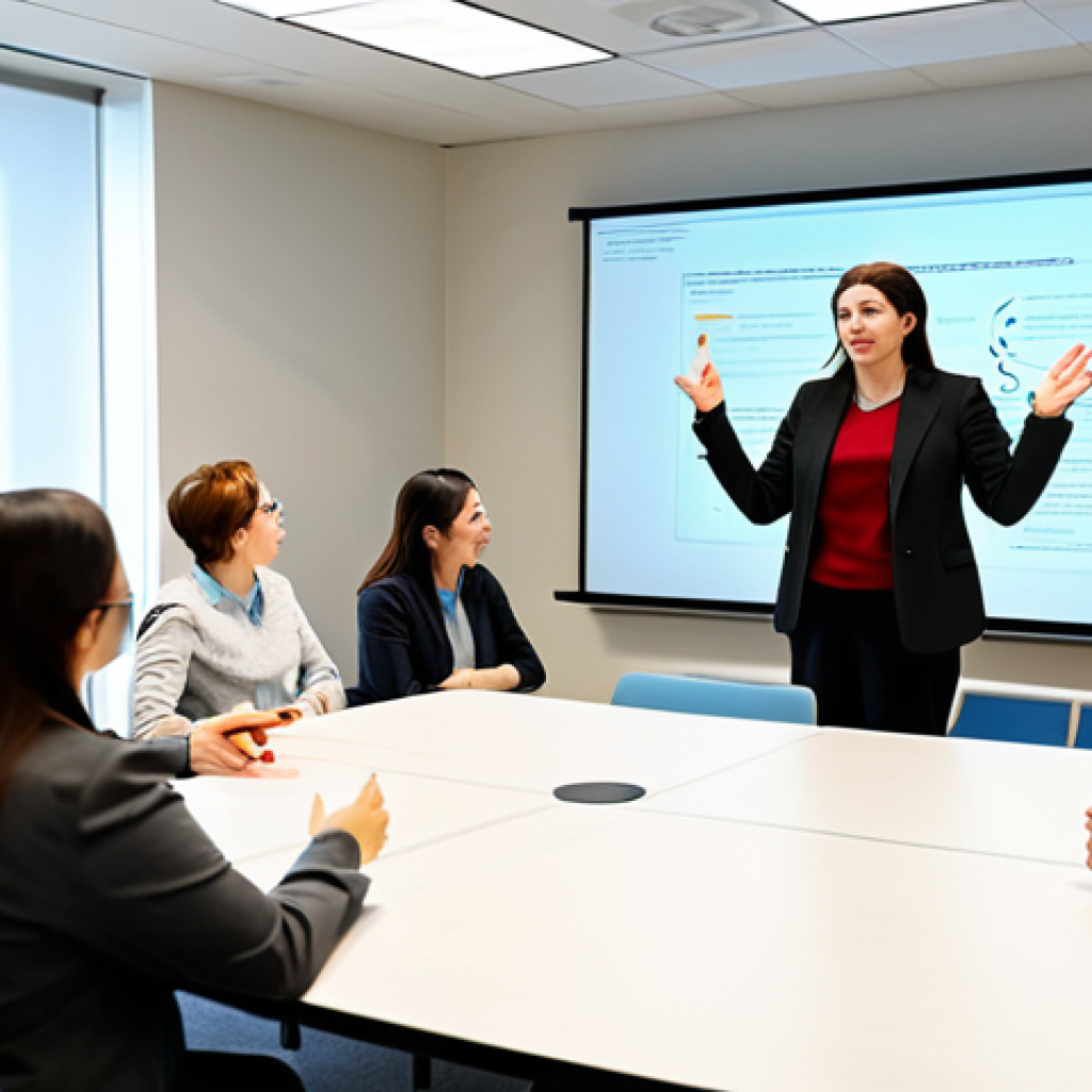 A professional educator, in modest business casual attire, facilitates a dynamic workshop for a diverse group of adult learners. They are seated around a modern conference table in a well-lit, contemporary training room, actively engaged in a discussion fostering critical thinking and collaborative problem-solving. The educator is gesturing towards an interactive display, encouraging open dialogue and continuous professional development. fully clothed, modest clothing, appropriate attire, professional dress, safe for work, appropriate content, professional, family-friendly, perfect anatomy, correct proportions, natural pose, well-formed hands, proper finger count, natural body proportions, professional photography, high quality, sharp focus.