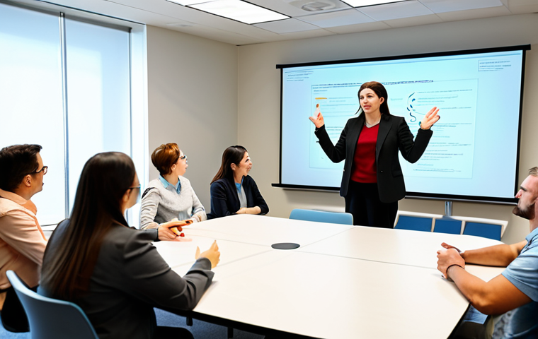 A professional educator, in modest business casual attire, facilitates a dynamic workshop for a diverse group of adult learners. They are seated around a modern conference table in a well-lit, contemporary training room, actively engaged in a discussion fostering critical thinking and collaborative problem-solving. The educator is gesturing towards an interactive display, encouraging open dialogue and continuous professional development. fully clothed, modest clothing, appropriate attire, professional dress, safe for work, appropriate content, professional, family-friendly, perfect anatomy, correct proportions, natural pose, well-formed hands, proper finger count, natural body proportions, professional photography, high quality, sharp focus.