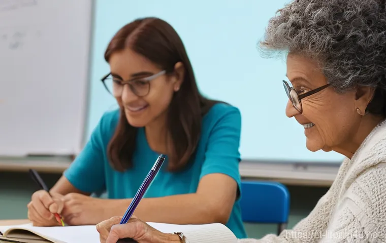 문해교육사와 관련된 교육기관 소개 - **Prompt:** A diverse group of adult learners, ranging from their 30s to 70s, focused intently in a ...