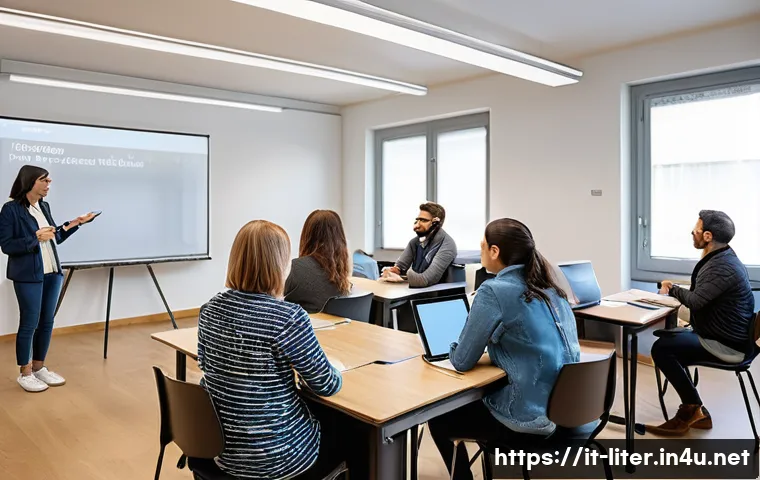 문해교육사 실무 역량 강화법 - **A modern and inclusive adult education classroom in Italy.** The diverse group of adult students, ...