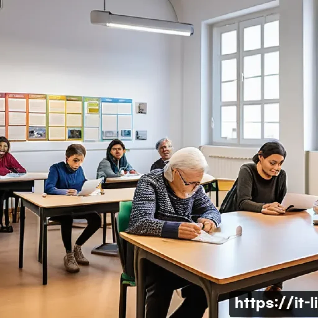 문해교육사와 취업 지원 센터 활용 - A warm and inviting adult learning classroom in Italy, showing diverse adults of various ages attent...