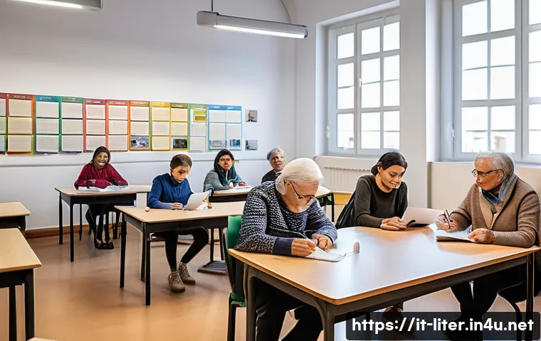 문해교육사와 취업 지원 센터 활용 - A warm and inviting adult learning classroom in Italy, showing diverse adults of various ages attent...