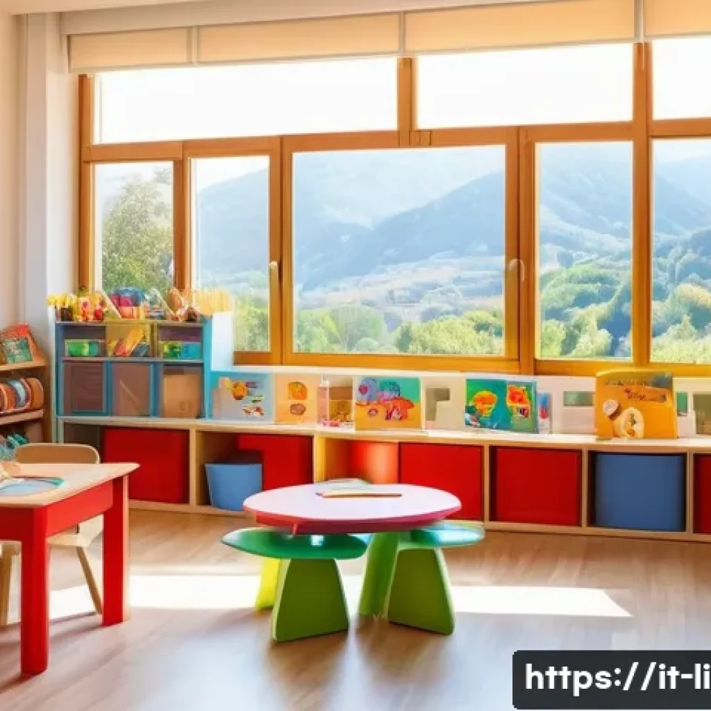 문해교육사와 학습 성공 사례 공유 - A warm and inviting preschool classroom setting in Italy, filled with colorful illustrated storybook...