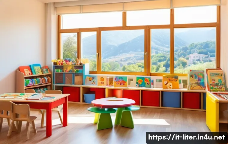 문해교육사와 학습 성공 사례 공유 - A warm and inviting preschool classroom setting in Italy, filled with colorful illustrated storybook...