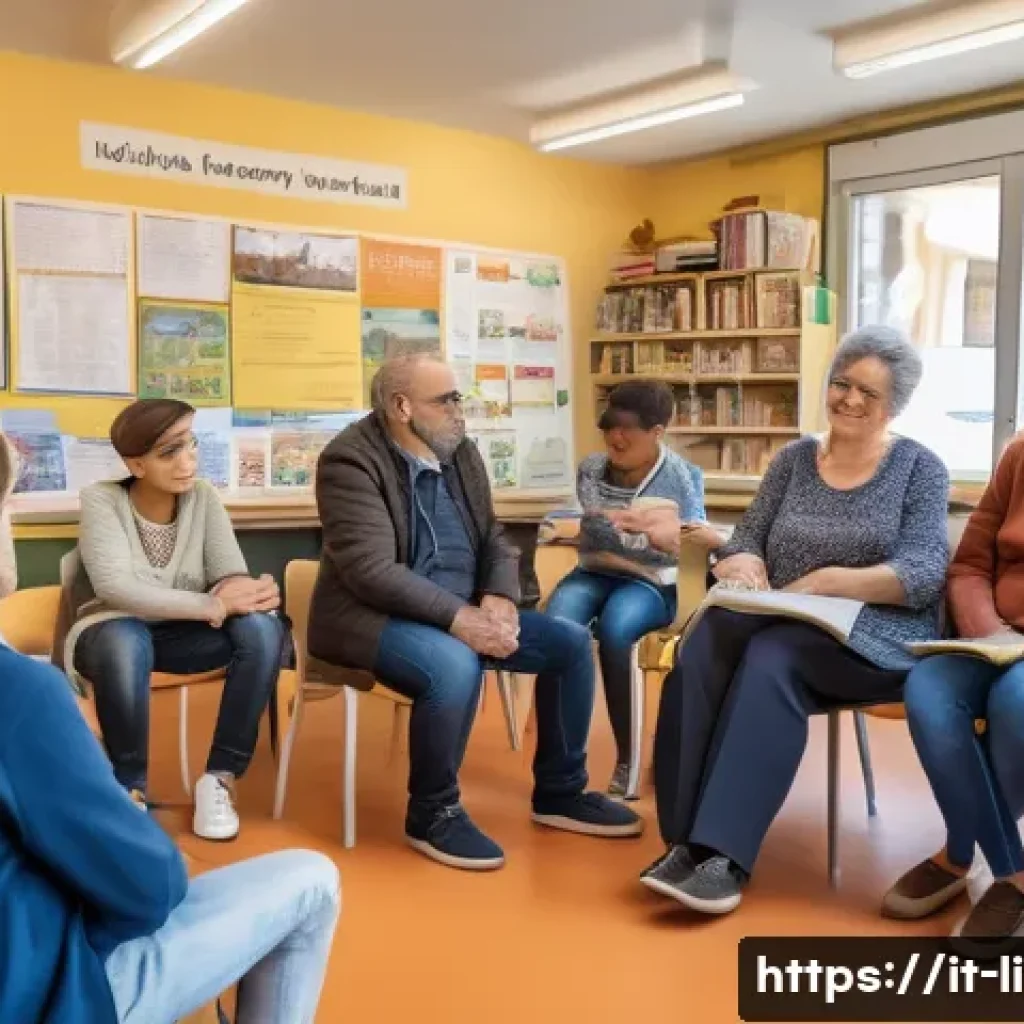 문해교육사 학습 이론 적용 사례 - A warm and inviting adult literacy classroom in Italy, featuring a diverse group of adult learners s...