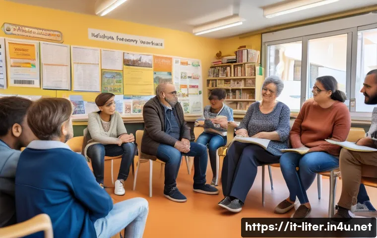 문해교육사 학습 이론 적용 사례 - A warm and inviting adult literacy classroom in Italy, featuring a diverse group of adult learners s...