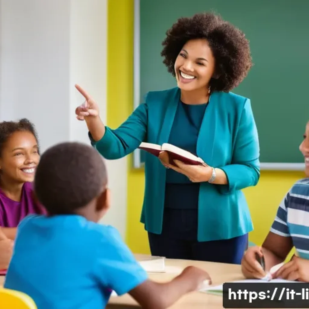 문해교육사와 자기소개서 작성 사례 - A professional adult literacy instructor in a modern classroom setting, engaging a diverse group of ...