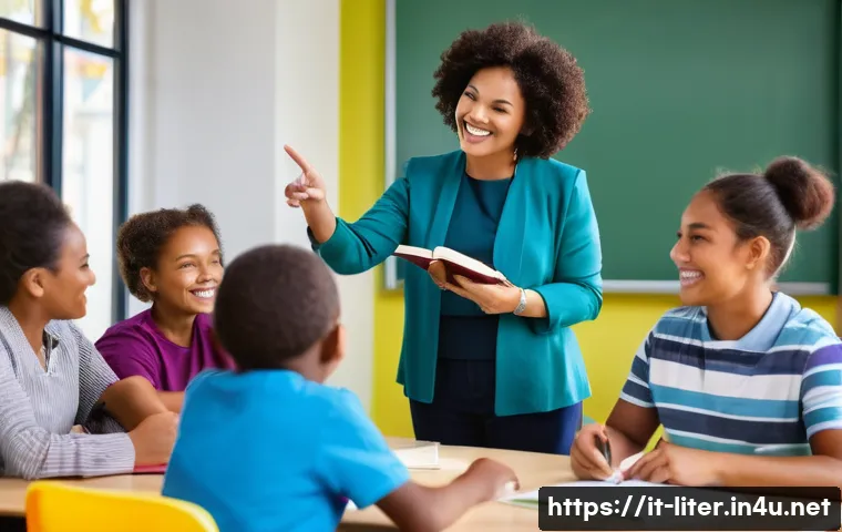 문해교육사와 자기소개서 작성 사례 - A professional adult literacy instructor in a modern classroom setting, engaging a diverse group of ...