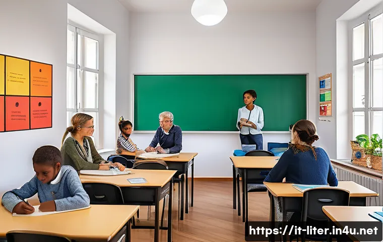 문해교육사 실무 교육 과정 - A warm and inviting adult literacy classroom in Italy, filled with diverse adult learners of various...
