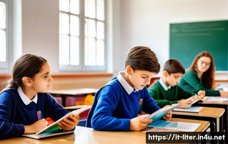 문해교육사 자격증 취득 후 커리어 플랜 - A professional classroom scene in a modern Italian public school focused on literacy education: a di...
