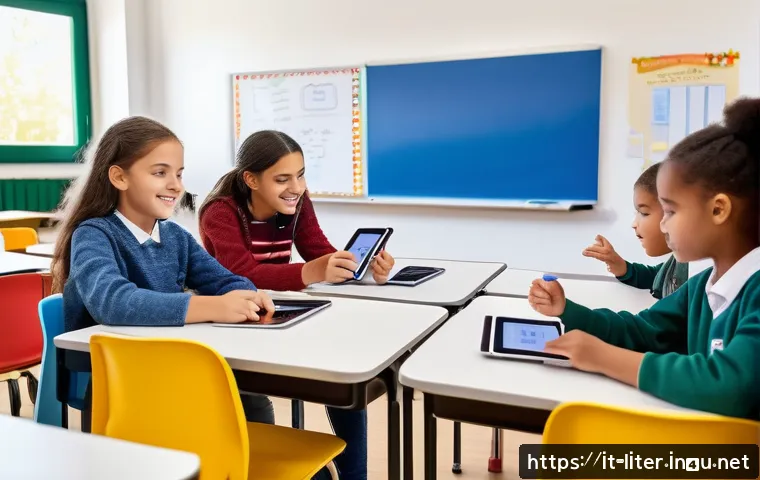 문해교육사와 교육의 미래 전망 - A modern Italian classroom scene with diverse students using tablets and interactive digital whitebo...