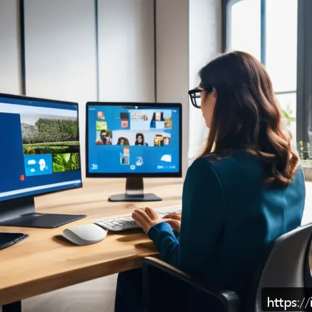 문해교육사와 직업 성장 이야기 - A modern Italian office environment showing diverse professionals collaborating remotely using digit...