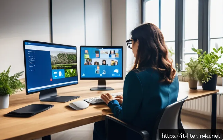 문해교육사와 직업 성장 이야기 - A modern Italian office environment showing diverse professionals collaborating remotely using digit...