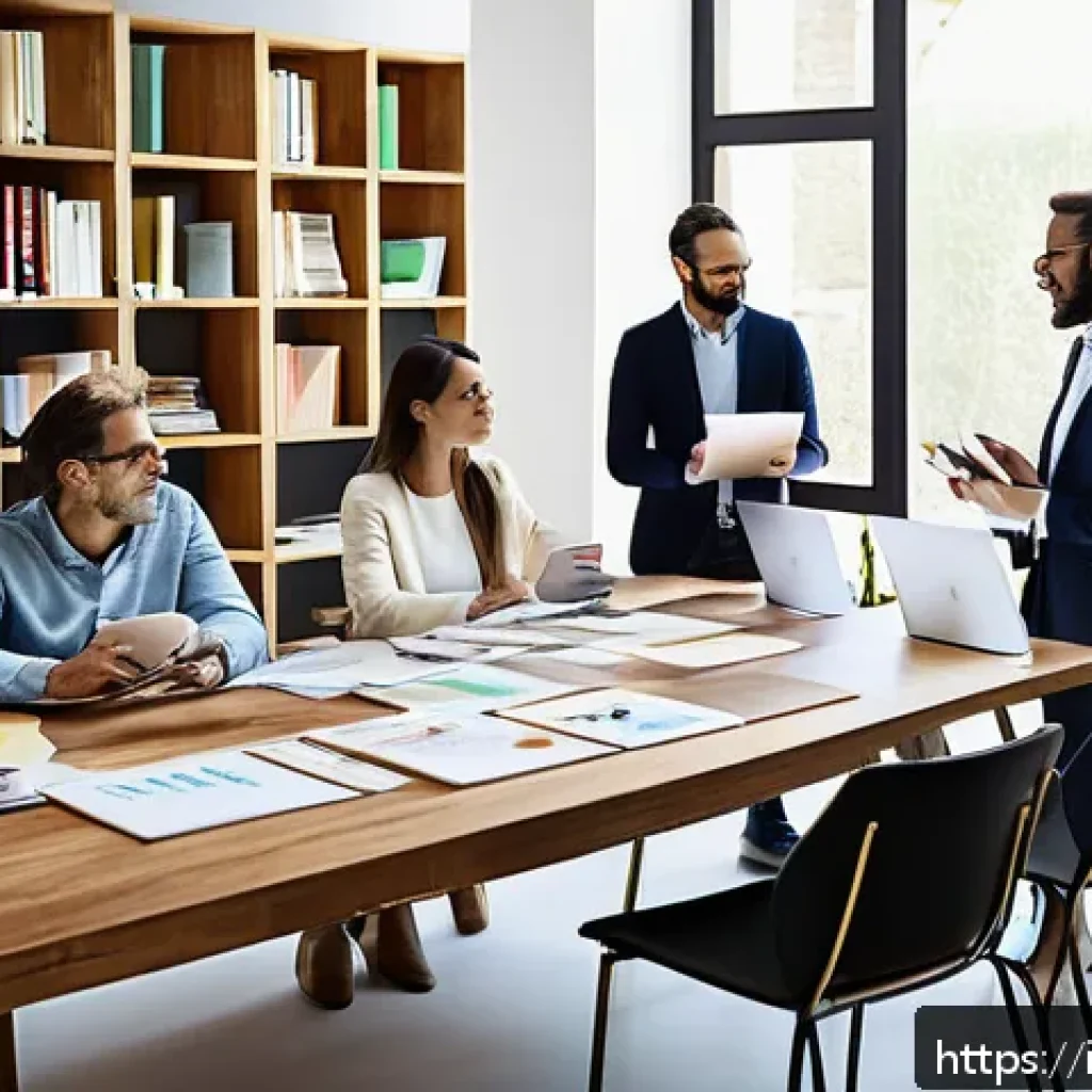 문해교육사와 문서 작성 팁 - A professional office setting with a diverse group of Italian businesspeople collaborating around a ...