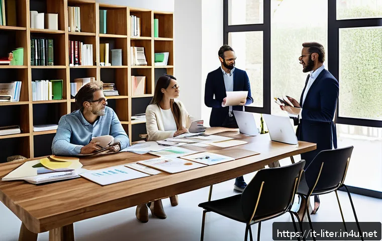 문해교육사와 문서 작성 팁 - A professional office setting with a diverse group of Italian businesspeople collaborating around a ...