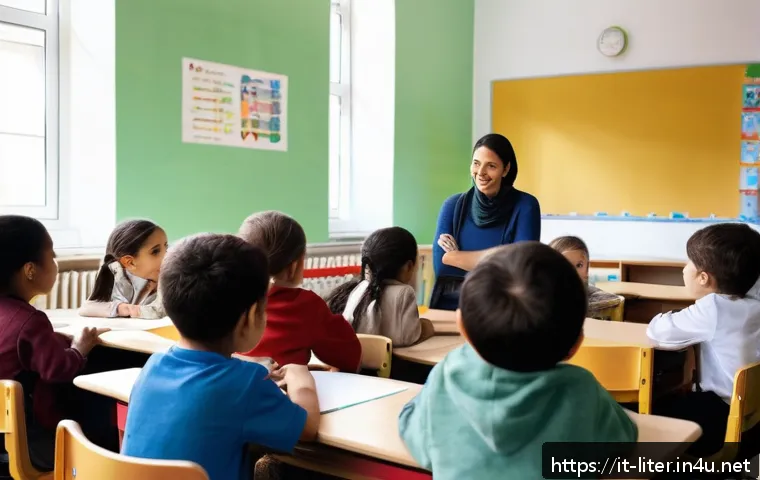 문해교육사 필수 소프트 스킬 - A warm, inclusive classroom scene in an Italian school setting, featuring a diverse group of student...