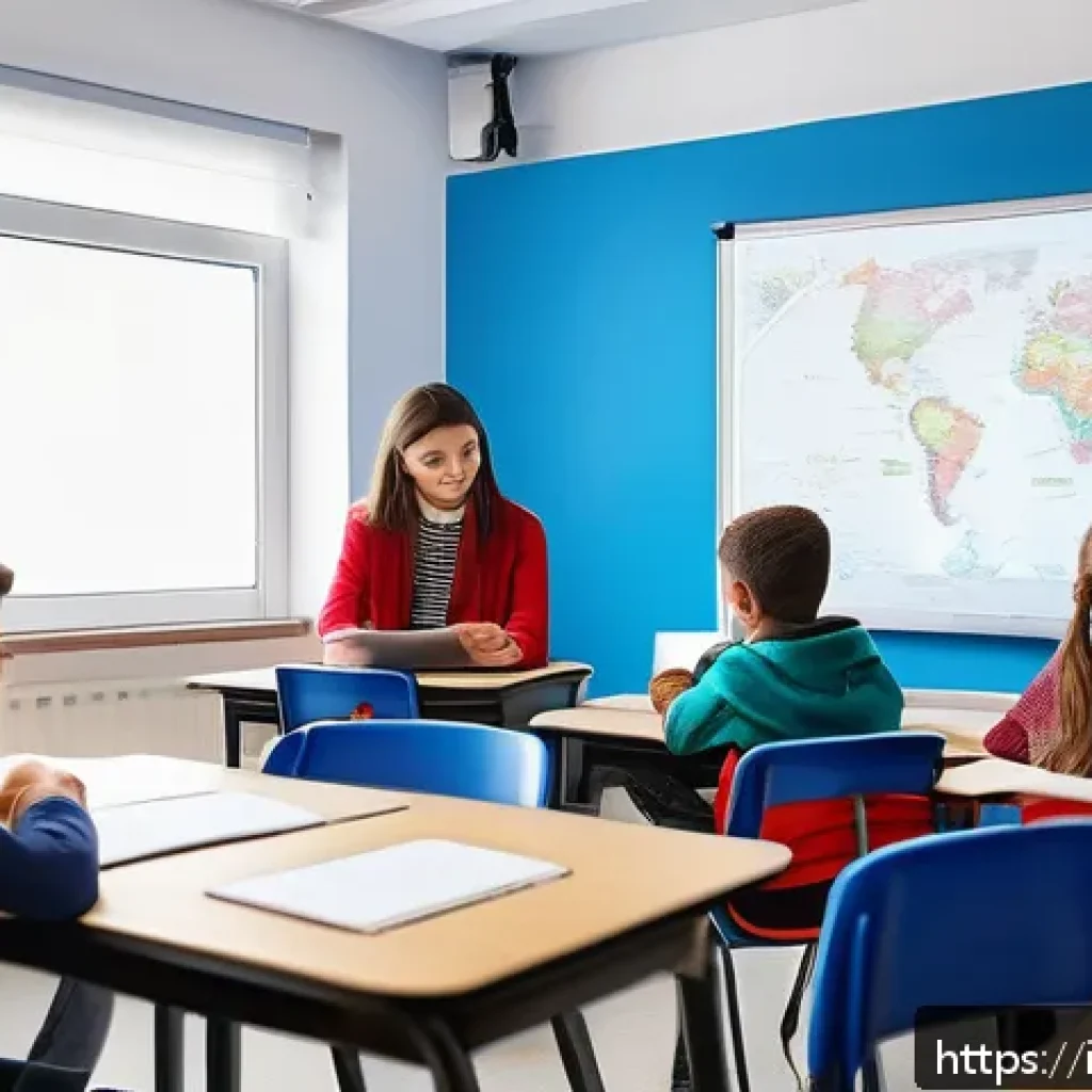 문해교육사와 학습 코칭 기법 - A modern Italian classroom scene showing a diverse group of students aged around 10-12, engaged in p...