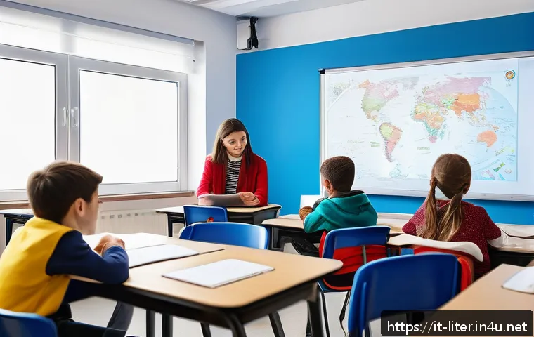 문해교육사와 학습 코칭 기법 - A modern Italian classroom scene showing a diverse group of students aged around 10-12, engaged in p...