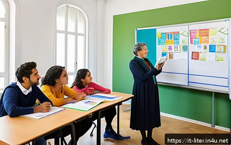 문해교육사 취업 성공 사례 - A warm and inclusive adult literacy classroom scene in Italy, showing a diverse group of adult learn...