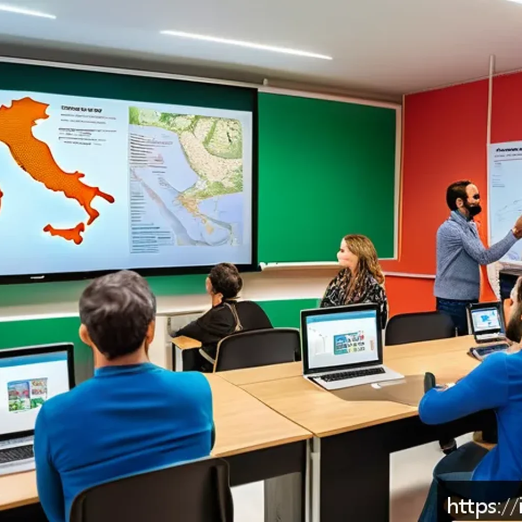 문해교육사와 필수 학습 관리 도구 - A diverse group of adult learners in a modern classroom setting in Italy, focusing on a multicultura...