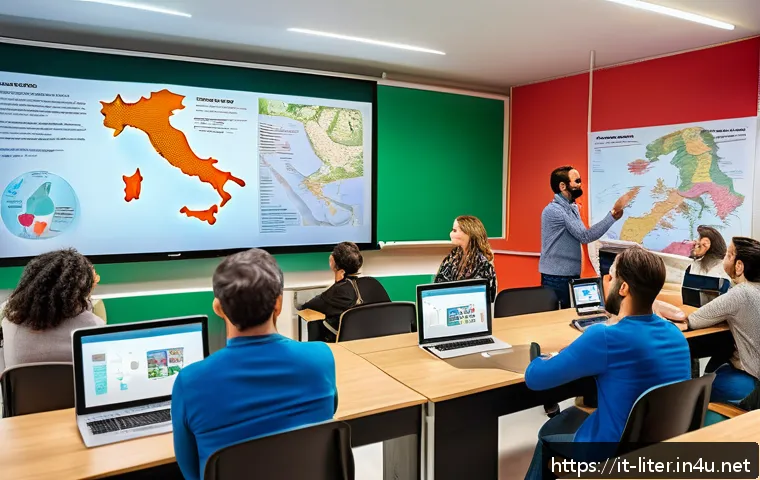 문해교육사와 필수 학습 관리 도구 - A diverse group of adult learners in a modern classroom setting in Italy, focusing on a multicultura...