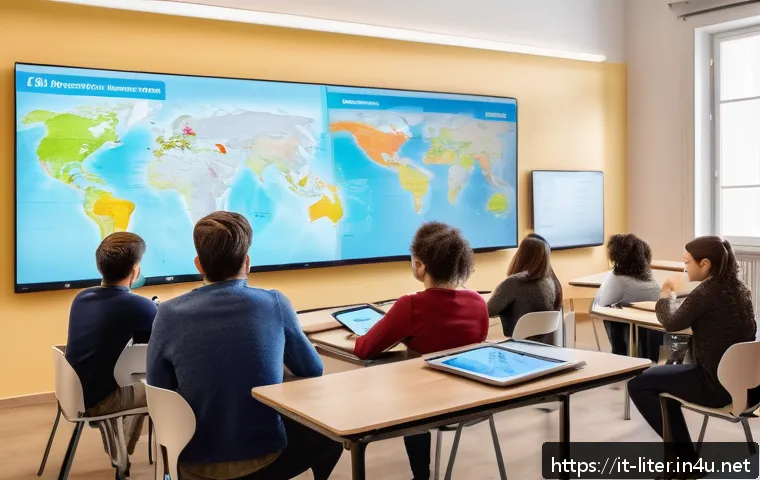 문해교육사와 성공적인 경력 계획 - A modern classroom scene in Italy featuring a diverse group of adult learners engaged in a digital l...