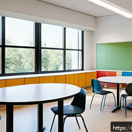 문해교육사와 학습 환경 디자인 - A bright and welcoming modern classroom designed for Italian students, featuring large windows allow...