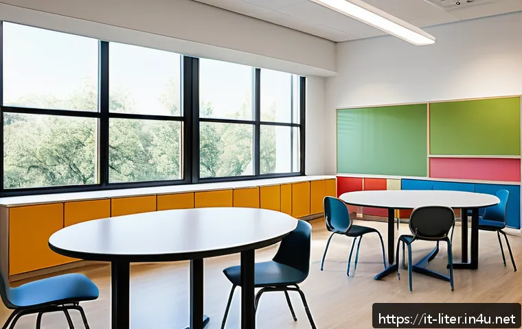 문해교육사와 학습 환경 디자인 - A bright and welcoming modern classroom designed for Italian students, featuring large windows allow...