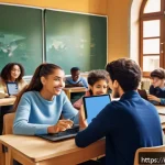 문해교육사와 학생 지지 체계 개발 - A warm and inviting modern classroom scene in Italy, featuring an attentive educator and a diverse g...