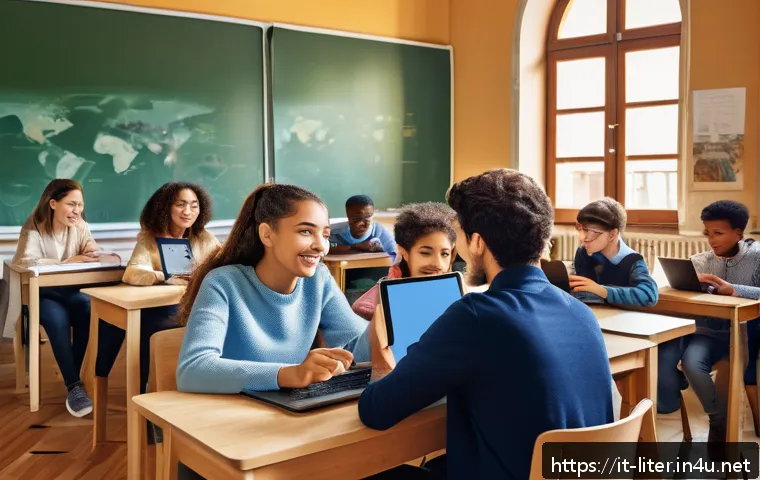 문해교육사와 학생 지지 체계 개발 - A warm and inviting modern classroom scene in Italy, featuring an attentive educator and a diverse g...