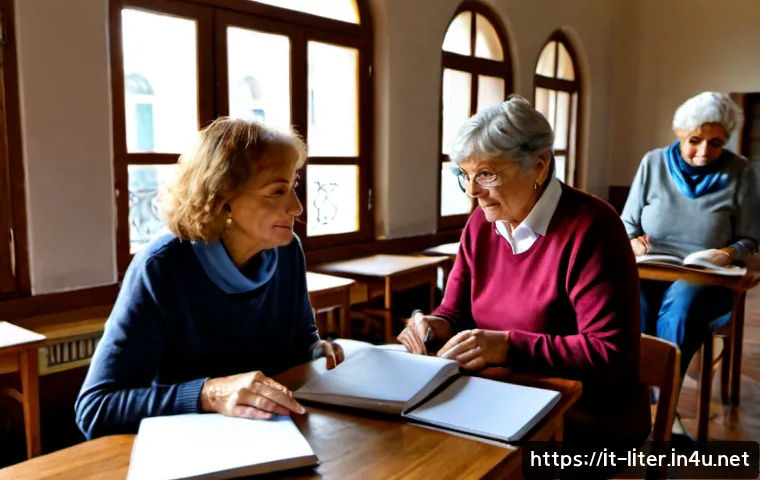 문해교육사 실무에서의 필수 스킬 - Photorealistic adult literacy educator in a welcoming Italian community learning center, patiently g...