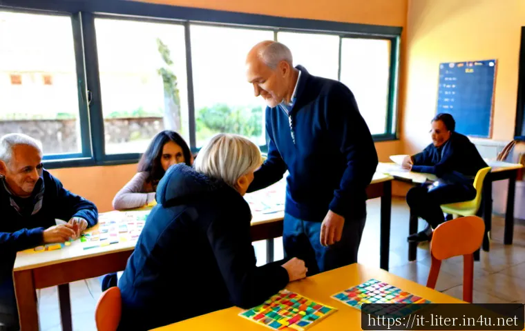 문해교육사와 국가 지원 제도 활용법 - Photorealistic adult literacy educator helping a diverse group of Italian adults in a bright communi...