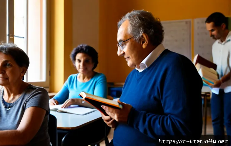문해교육사와 직업 윤리의 중요성 - Photorealistic adult literacy educator in a welcoming Italian community learning center, patiently g...